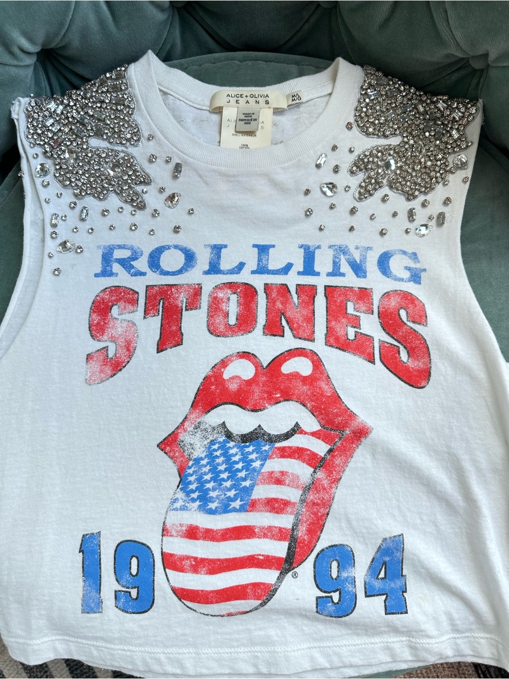 Alice + Olivia White Rolling Stones Graphic Crop Top with Red & Blue Accents - Picture 7 of 9